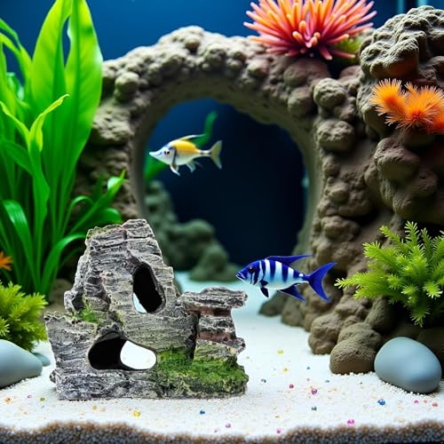 Artificial Moss Rock Aquarium Stone Cave – Resin Fish Tank Decor for Hiding and Landscaping, Small Mountain Terrain Ornament, Natural-Looking Habitat for Fish, Shrimp, and Reptiles, Decoration