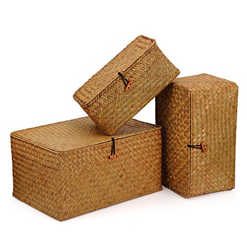 Woven Wicker Storage Bins with Lid, Seagrass Basket for Shelf Organizer, Extra Large, Set of 3 - size: Set of 3 (S+M+L)