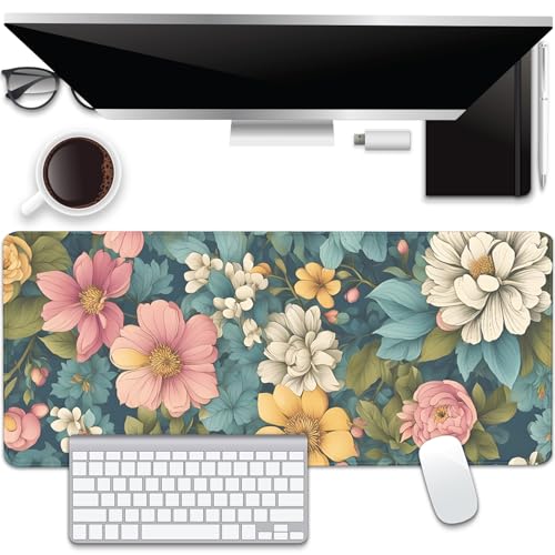 Colorful Flowers Desk Pad Mouse Pad,Large Floral Mouse Mat with Stitched Edges,Non-Slip Rubber Base Mousepad for Office PC Keyboard Laptop and Home Work Desk Mat(27.5X11.8 in) - color: Colorful Flowers