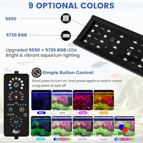AQQA Full Spectrum Aquarium Plant Light LED Fish Tank Light IP68 Waterproof with 24/7 Natural Mode & DIY RGBW Mode, 9 Colors & 10-Level Brightness Adjustable, 6 Timer Settings for 40"-48" Tank (36W) - size: 40-48inch