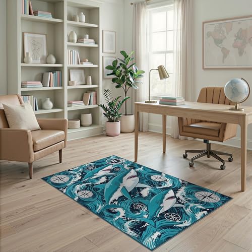 4'x6' Washable Flatwoven Rug, Navy Graphic Shark Easy Care Throw Carpet for Dorm Room, Small Living Room, Apartment, Stain Resistant Low Profile Floor Covering | Ref:2068650 - color: Blue/Pattern 14, size: 4' x 6' (Rectangular)