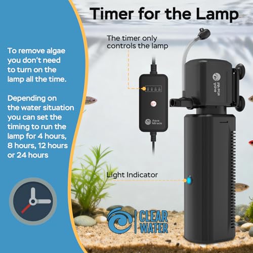 AquaMiracle Fish Tank Filter with Timer & Filter Sponge, 130GPH U - V Aquarium Filter with Aeration & Rainfall Modes, Effective Turtle Filter for Green Water Control (10-30 Gal Tank)
