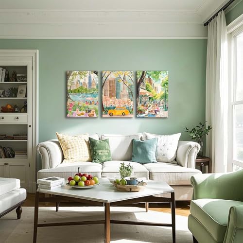 XLARTMY New York City Poster Travel Wall Art Canvas Framed Watercolor NYC Central Park Landmarks Artwork Decor Painting Prints Pictures Set of 3 for Bedroom Living Room Bathroom Office 16x24in - color: Watercolor City, size: 16x24in Canvas