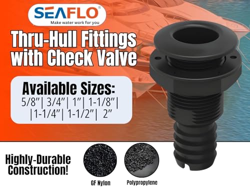 SEAFLO Thru Hulls Fitting Thru-Hull with Check Valve, 5/8”, 3/4”, 1”, 1-1/8”, 1-1/4”, 1-1/2”, or 2” Sizes, White/Black, Polypropylene/Nylon, 4-Year Warranty, (Choose Color, Size, and Pack Size) - color: Black, size: 1-1/4", style: 5-pack
