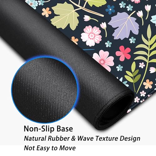 Maple Leaf and Flowers Desk Pad Mouse Pad,Large Floral Mouse Mat with Stitched Edges,Non-Slip Rubber Base Elegant Mousepad for Office PC Keyboard Laptop and Home Work Desk Mat(27.5X11.8 in) - color: Plants and Flowers