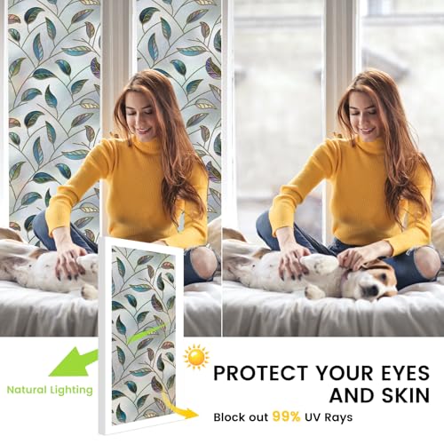DKTIE Static Cling Decorative Window Film Vinyl Non Adhesive Privacy Film with Installation Kit, Multilayer UV Inkjet Technology, Thickened Stained Film, Vintage Leaf Pattern (S166, 17.7'' x 78.7'') - color: S166, size: 17.7'' x 78.7''