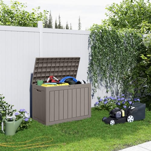 PatioZen 45 Gallon Resin Deck Box, Lockable Patio Outdoor Storage Box for Furniture, Garden Tools and Tools Storage, Waterproof Outside Storage Boxes - Grey - color: Grey, size: 45 Gallon