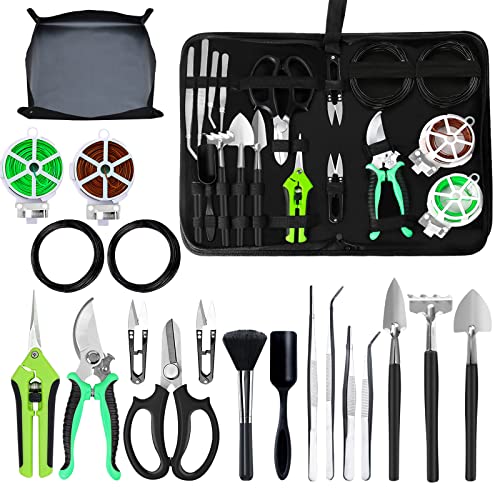 Bonsai Tree Kit, 20 Pcs Gardening Succulent Tools Set, Bonsai Tool Kit Include 262 Feet Bonsai Wire, 29.5"x29.5" Plant Repotting Mat, Bonsai Scissors, Pruning Shears, Unique Gift for Indoor Gardening - style: Green