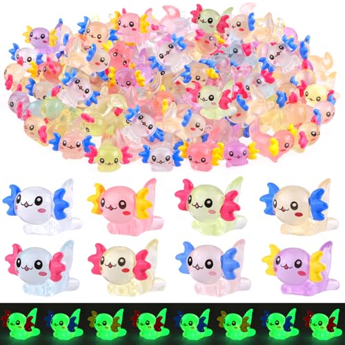 40PCS Mini Resin Animals Colorful Tiny Axolotls Glow in Dark, Miniature Figures to Hide, Little Animal Small Figurines for Topper Desk Garden Dollhouse Landscape Aquarium Ornaments Crafts & Decor - color: Glow in Dark Axolotls-40pcs