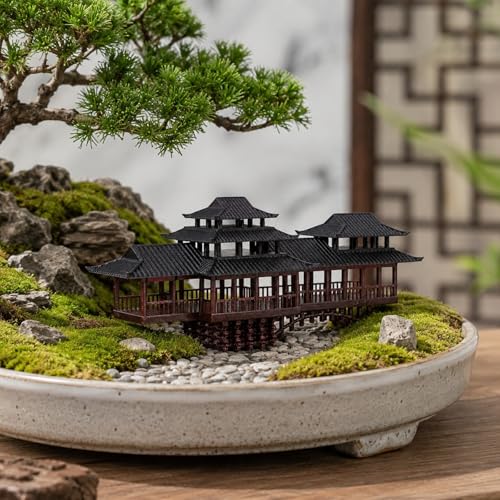 LOGOFUN Mini Ancient Chinese Pavilion Ornament with Arched Bridge for Micro Landscape Garden Bonsai Model Decoration - 13.5x5x5.5cm
