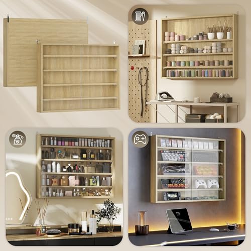 HOMCOM 5-Tier Display Cabinet, Glass Door Cabinet with Adjustable Shelves, Wall-Mounted Display Case for Playroom, Bedroom, Oak - color: Oak
