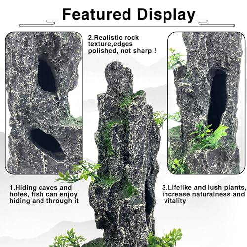 Aquarium Mountain View Stone Ornament Tree Rock Cave Aquarium Decorations Large and Tall Extra Large Aquarium Decorations for Fish Tank Decorations for Fish Tank - 14 Inches High - color: Black Mountain View, size: Tall - Mountain View