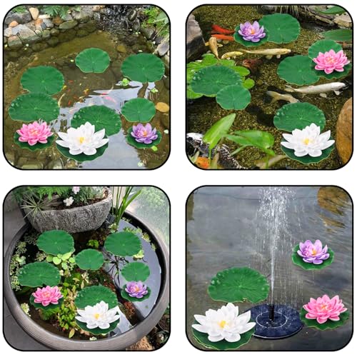 9 Pcs Artificial Floating Foam Lotus Flowers with Plastic Lotus Leaves, Artificial Lily Pads for Pond, Pond Plants Ornaments for Garden Koi Fish Pool Aquarium Pool Wedding Decor