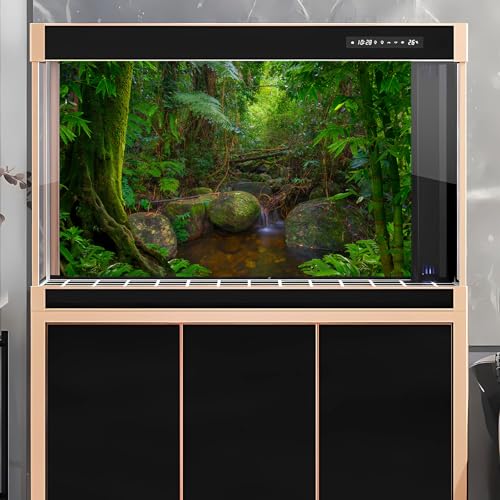 Forest Aquarium Background Jungle Rainforest Stream Terrarium Background Lush Green Trees with Moss Fish Tank Background Forest Stream Rock Reptile Habitat Background Poster Vinyl 24x12in - color: Tropical Tree Green, size: 24(W)x12(H)in