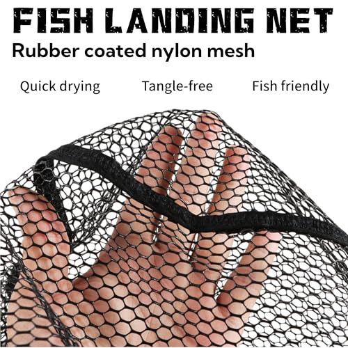 Floating Fishing Net for Steelhead, Salmon, Fly, Kayak, Catfish, Bass, Trout Fishing, Rubber Coated Landing Net with Fixed or Telescoping Pole Handle - color: Black PVC Net