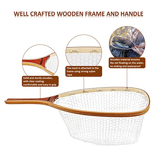 Fly Fishing Net Trout Net with Magnetic Release and Rod Holder Wooden Frame Landing Net with Soft Rubber Mesh for Catch and Release (Clear Small Holes)