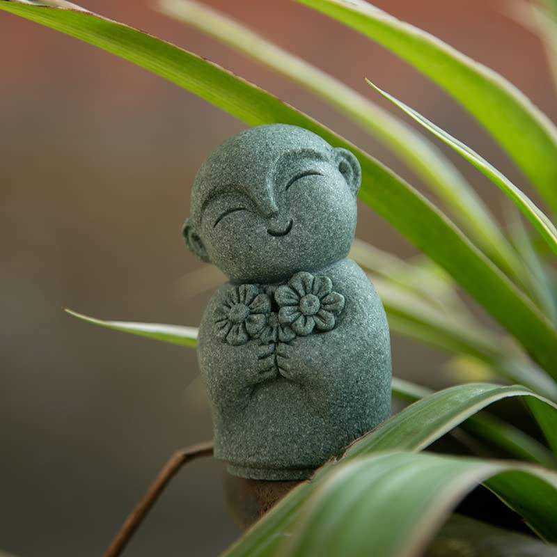 livelyfish Japanese Buddha Bosatsu Feng Shui Praying Monk Statue Sandstone Happy/Smiling Miniature Figurine Ornament for Fish Tank Aquarium Home Garden Decoration (9) - size: 9