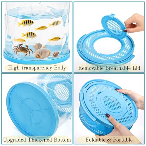 ZAVOOS 2 Pack Foldable Small Aquarium, Plastic Portable Fish Tank with Lid, Clear Fish Transport Container Fishing Bucket for Catch Release, Beach Travel, Lake, Outdoor, Blue