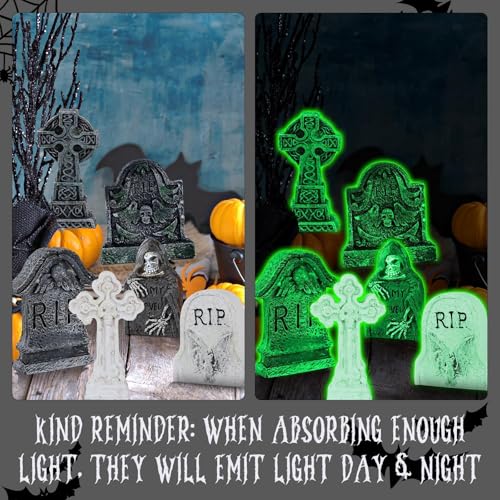 6 Pcs Fluorescent Halloween Miniature Tombstones Mini Village Accessories Resin Halloween Figurines Glow in The Dark Tombstones Ornaments for Fish Tank Cake Decor Landscape DIY Crafts
