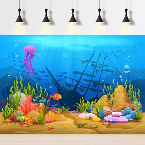 Under The Sea Aquarium Background Underwater Game Level Landscape Terrarium Background Tropical Corals Fish Shoal Sunken Ship Fish Tank Backdrop Cartoon Ship Wrecks Coral Reef Backdrops 24x12in - color: Sunken Blue, size: 24(W)x12(H)in