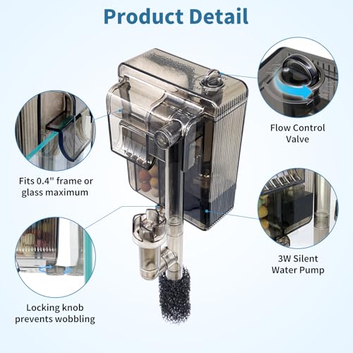 Small Fish Tank Filter for 3-5 Gallon Aquarium, USB Powered Quiet Hang On Back Filter with Upgraded 3-Stage Filtration System (Sponge & Quartz Balls), Adjustable Flow & Extra Media Set Included