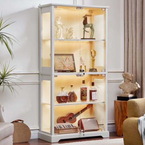 LELELINKY Farmhouse Glass Display Cabinet with Doors, Wooden Curio Cabinet for Collectibles with 3-Color LED Motion-Sensor Light & Reinforced Base, White - color: White, size: Single