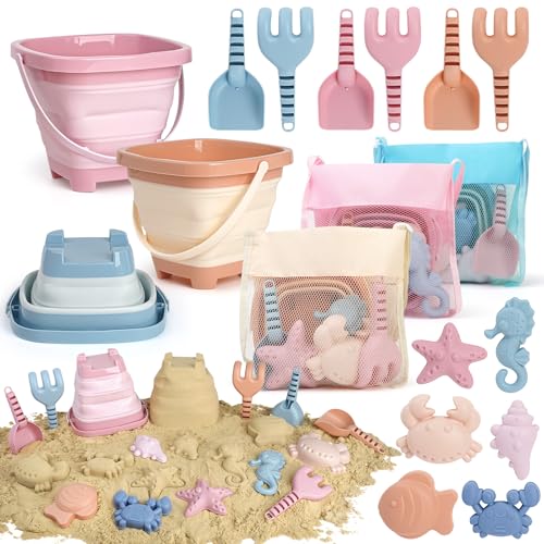 Dreamon Beach Toys Set for Kids 3-10, Collapsible Sand Buckets with Beach Molds and Mesh Bag, 3 Pack Shovels Set Sand Toys for Beach, Sandbox Travel Toys for Toddlers Kids - color: Pink/Orange/Blue