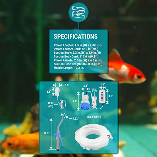 TERA PUMP Aquarium Gravel Cleaner - Electric Automatic Removable Vacuum Fish Tank Water Changer, Sand Washer, Algae Cleaner Filter & 30 ft Hose Up to 8 Liters per Min - size: 30-FT