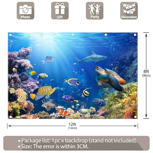 12x8ft Under The Sea Photography Backdrop Ocean Underwater World Background Aquarium Coral Baby Shower Decorations Birthday Party Photo Banner - size: 12'x8'