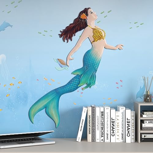 John's Studio Metal Mermaid Sea Wall Decor Outdoor Garden Hanging Art Sculptures Home Ocean Theme Decorations for Kitchen Bathroom and Pool - 14.9Inches - color: Metal Mermaid