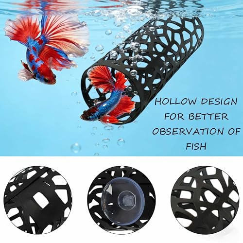 Black Metal Betta Fish Hammock Hideout Cave Aquarium Tunnel with Hollow Pattern, Floating Betta Log Resting Spot, Shrimp Cave Habitat, Betta Fish Tank Accessories, Small Fish Enrichment Toy - color: Fish Hammock - B