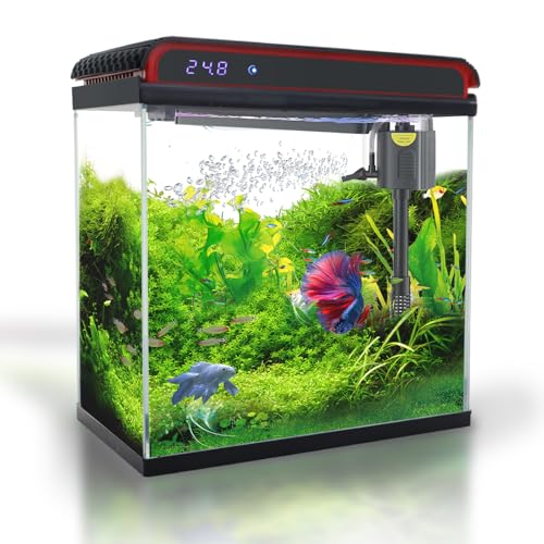 Glass 5 Gallon Fish Tank Aquarium - Smart Self-Cleaning Starter Kit with 3-Color LED Light, Ultra Quiet Pump & Filter, Temperature Monitoring for Betta Fish and Shrimp - size: 5 Gallon