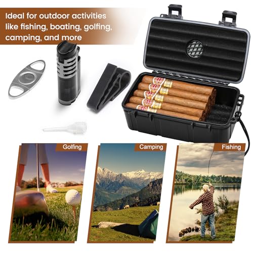 Flauno Travel Humidor - Portable Case Kit with Lighter (Without Gas), Cutter, Holder, Humidifier & Dropper, Waterproof, Crushproof, Airtight Seal (Holds up to 15 Cigars) - size: Holds up to 15 Cigars with Cigar Lighter