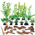 16 Pcs Aquarium Decor Fish Tank Decorations Include 6 Small Natural Coral Driftwood Spiderwood and 10 Green Plastic Plants for Reptile Terrarium Accessories Goldfish Tank Decor