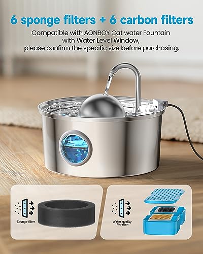 AONBOY Cat Fountain Filters Replacement: 6 Filters + 6 Cat Fountain Sponge, Suitable for AONBOY Pet Fountain S3-SC, Multiple Filtration, Isolates Floating Hairs and gets rid of Odors