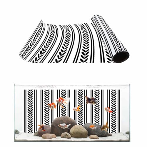 Black Botanical Aquarium Background 12x24 Inch Self-Adhesive Fish Tank Decorations, Modern Farmhouse Striped Decorative Fish Tank Background Polyester Aquarium Decor Poster - color: Black, White, Charcoal, size: 12x24in