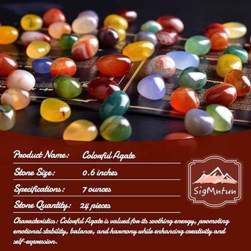 Colorful Agate Healing Crystal Stone Set - 24 Pieces, 0.6" Natural & Polished Stones for Healing, Meditation, Reiki, Chakra, Crafting & Decoration - color: Colorful Agate, size: 0.6"