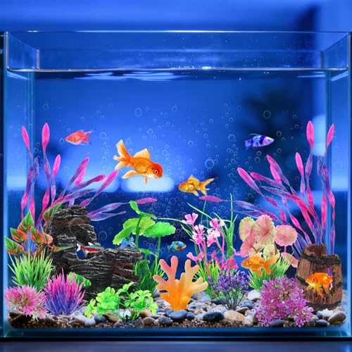 QUOZUO 15 Pcs Aquarium Artificial Plastic Plants Decorations and Resin Barrel and Coral Rock Cave Set, Fish Tank Accessories Hideout Ornaments Aquarium Decor Set