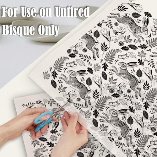 SUPERDANT 4PCS Rabbit Flowers Underglaze Paper Transfer Animal Leaves Transfer Paper for Clay Ceramic Porcelain Under Glaze Transfers for Pottery Enamel Decals Black Underglaze Decal Papers - style: Rabbit and Floral