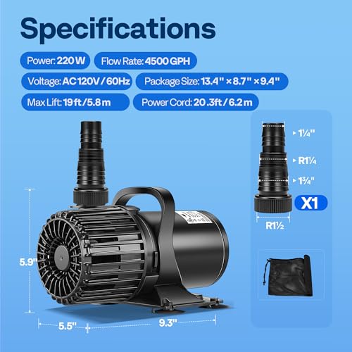 VIVOHOME Electric 220W 4500GPH Submersible Water Pump for Koi Pond Pool Waterfall Fountains Fish Tank and Aquarium - size: 4500GPH
