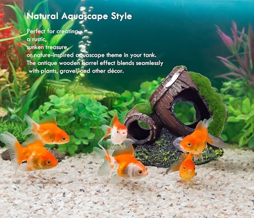 Moss-Covered Twin Broken Barrels Aquarium Decor – Resin Fish Tank Hideout with Artificial Moss for Betta, Shrimp & Small Fish