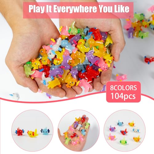 104 Pcs Mini Resin Axolotl Figurines – Glow in The Dark Colorful Axolotl Desk Pets for DIY Garden, Dollhouse, Aquarium and Micro Landscape Décor