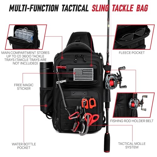 Fishing Sling Bag, Fishing Bag With Rod Holder Fixed Stickers, MOLLE System, Soft Bait & Gear Storage, Gift for Men Black - color: Black