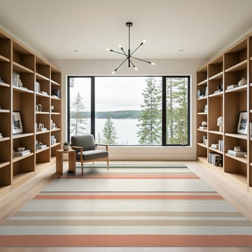 9'x12' Washable Scandinavian Stripe Area Rug, Coral Foldable Oversized Carpet Low Profile Flatwoven Floor Covering for Great Room, Indoor Open Concept, Large Living Room | Ref:1993948 - color: Beige/Pattern 22, size: 9' x 12' (Rectangular)