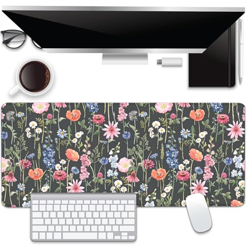 Black Background Watercolor Flowers Desk Pad Mouse Pad,Large Floral Mouse Mat with Stitched Edges,Non-Slip Rubber Base Mousepad for Office PC Keyboard Laptop and Home Work Desk Mat(27.5X11.8 in) - color: Poppies, daisies, cornflowers