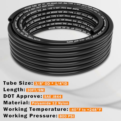 CheeMuii 30 FT 3/8 DOT Air Line 3/8" PA12 Nylon Pneumatic Tubing 3/8 Inch SAE J844 DOT Air Hose 9.1 Meter Pneumatic Air Tubing Pipe Hose Line for Air Brake System Or Fluid Transfer - color: Black, size: 3/8"OD-30FT