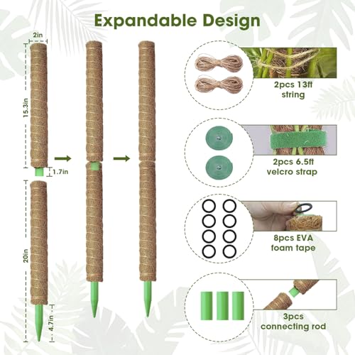 4 Pack 20 Inch Moss Poles, Stackable Moss Pole Monstera Plant Support, 66 Inch Tall Plant Stakes for Climbing Plants Indoor, Coir Plant Support Stick Stand for Potted Plants, Pothos, Philodendron