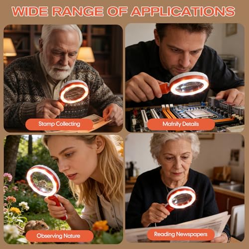Rechargeable Magnifying Glass with Light for Seniors Reading, Hobbies | 45X Magnification • 6 Light Modes • 1200mAh Battery • 4.6-inch lens • 12 LEDs • Stepless Dimmable • Non-slip Handle - color: Orange