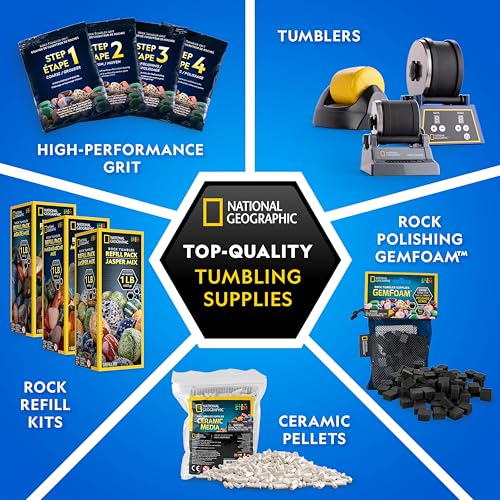 National Geographic Rock Tumbler Refill Kit – Rock Tumbling Supplies Including Rock Tumbler Grit and Polish Refill, Ceramic Media, GemFoam, 3 lbs Madagascar Rocks for Tumbling, Jewelry Accessories - style: Complete Starter Kit