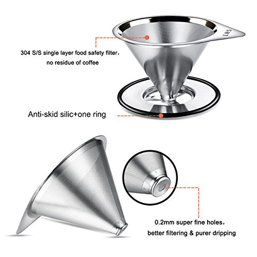 LHS Pour Over Coffee Dripper Stainless Steel Coffee Filter Metal Cone Filter Paperless Reusable Coffee Filter Single Cup Coffee Maker 1-4 Cup With Non-slip Cup Stand and Cleaning Brush - color: single mesh 1-4 cups Silver